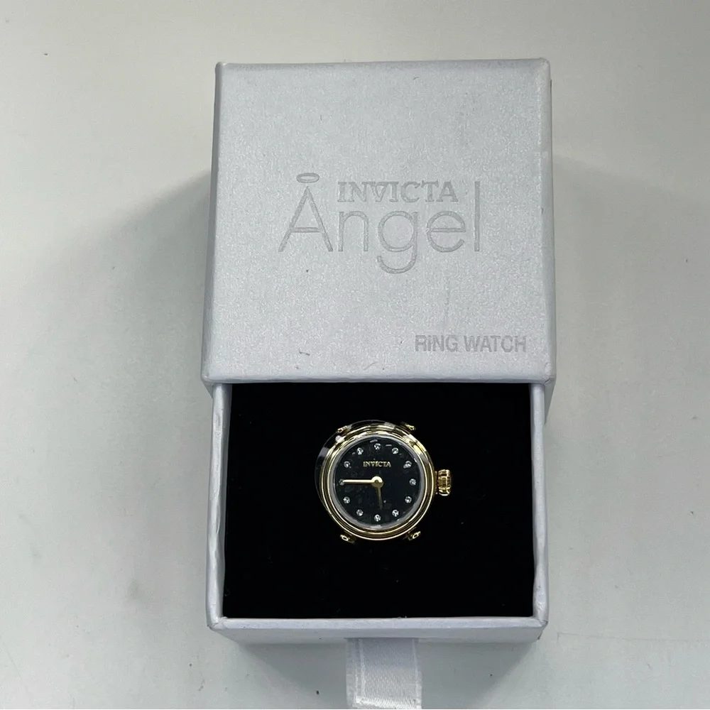 INVICTA Mini Angel‎ Quartz Crystal Black Dial Ladies Men’s Gold Ring Watch NWB